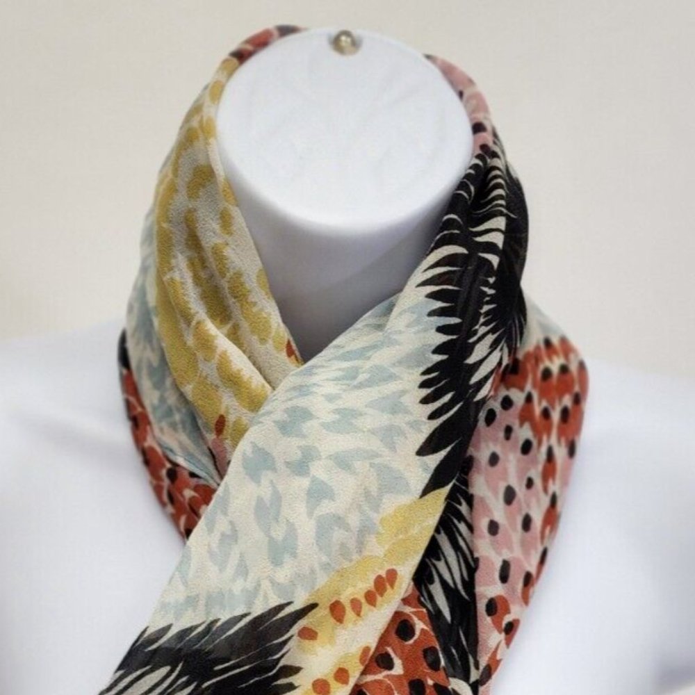 Floral Abstract Scarf Brown Blue White Pink Gold Rust 64" X 20" Sheer